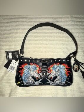 Ed Hardy Black Shoulder Bag with Red, Blue and White Unicorn Embroidery